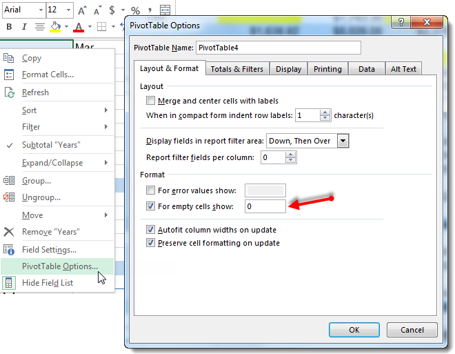 Dressing Up Your PivotTable Design - Change Blank Cells to Zero